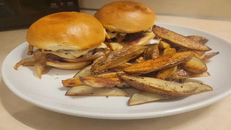 Our tester's prepared EveryPlate dish — Caramelized Onion Burgers