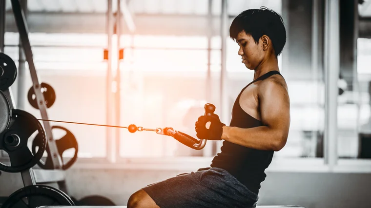 A person performs a seated cable row in the gym.
