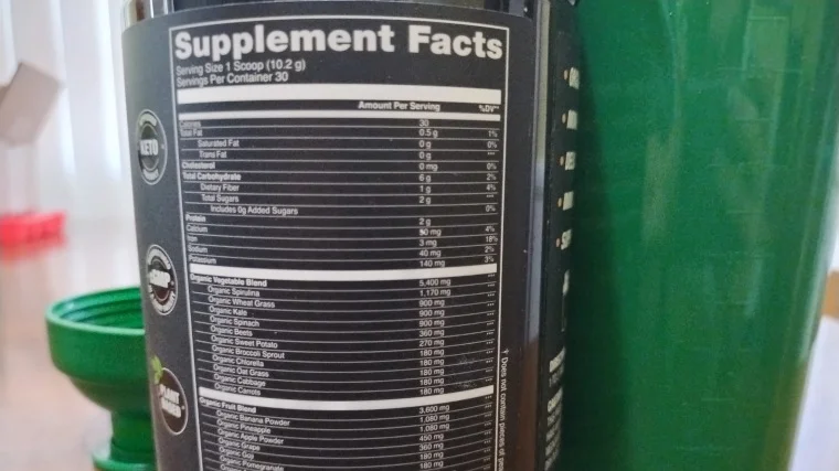 Supplement Facts label on a container of Jocko Greens