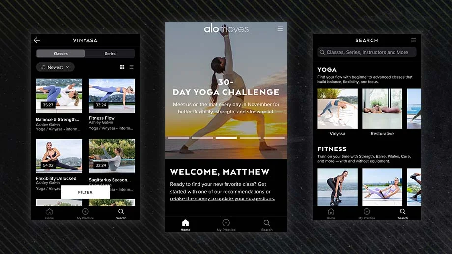 3 screenshots of the Alo Moves app with a black background