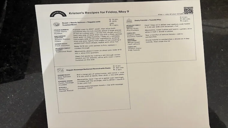 Our tester's full recipe cards from their recent Hungryroot order