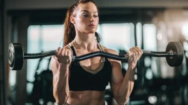 A person in a black sports bra, working out with a barbell in the gym.