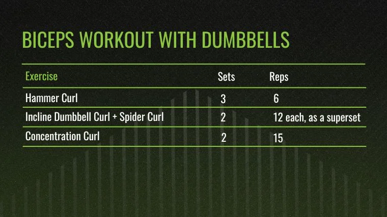 The chart for biceps workout with dumbbells.