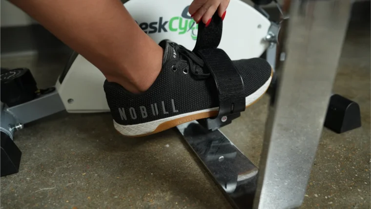 Velcro pedal strap on the DeskCycle2 Under-Desk Elliptical.