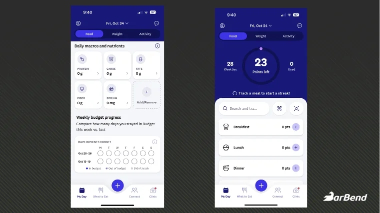 Screenshots from our tester's WeightWatchers app interface