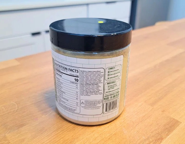 The ingredients label on a container of Field of Greens Raw