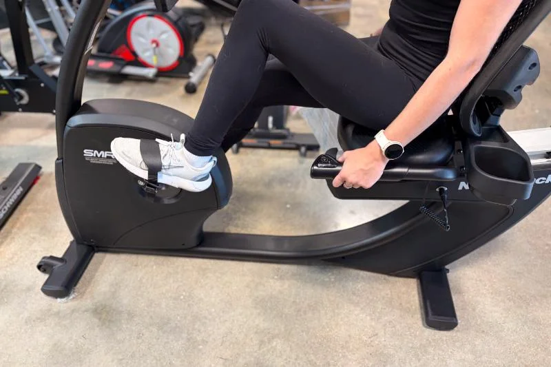 A closer look at the handles and pedals of the NordicTrack 10 Recumbent Bike