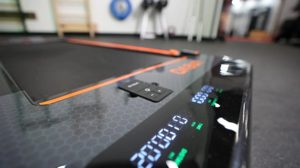 Closeup showing the display on the UREVO 2-in-1 Under-Desk Treadmill.