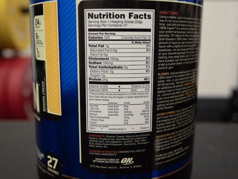 Optimum Nutrition Casein ingredients