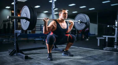 A powerlifting doing some back squats with a barbell.