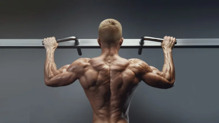 A bodybuilder doing pull-ups in the gym.