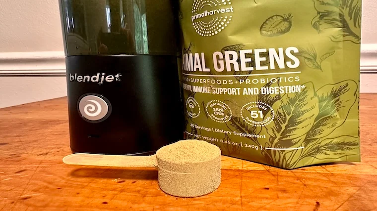 A single-serving scoop of Primal Harvest Primal Greens