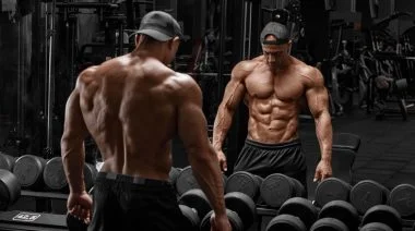 A muscular person looking at the dumbbells in the gym.