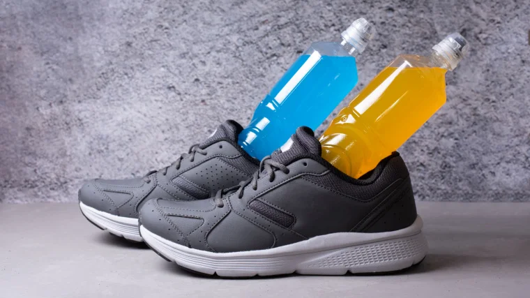 A couple of bottles of isotonic drinks in running shoes.