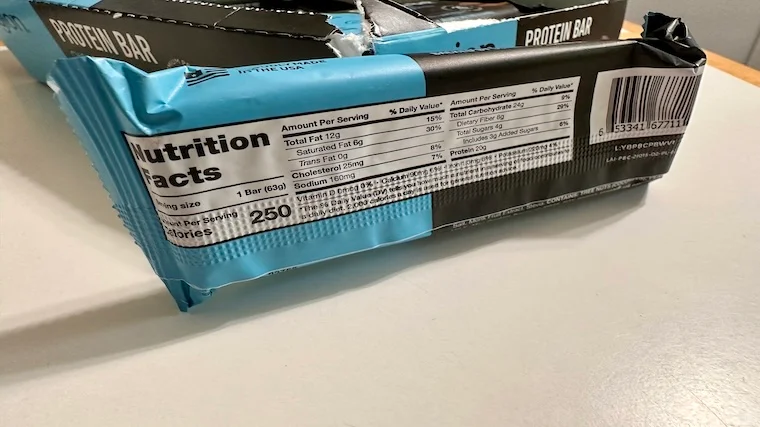 Nutrition Facts label on a Legion Protein Bar wrapper.