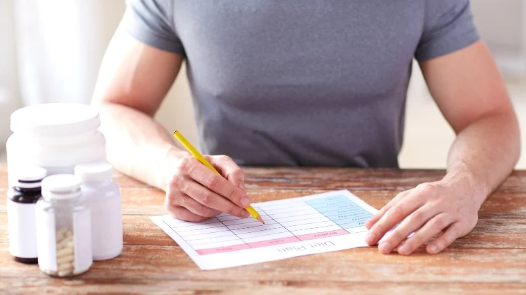 A person listing pre- and post-workout supplements.