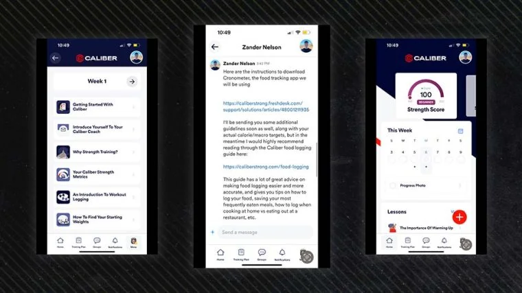 Three screenshots of the online personal training app, Caliber, on a black background.