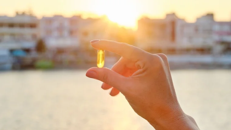 A person holding a yellow gel capsule.