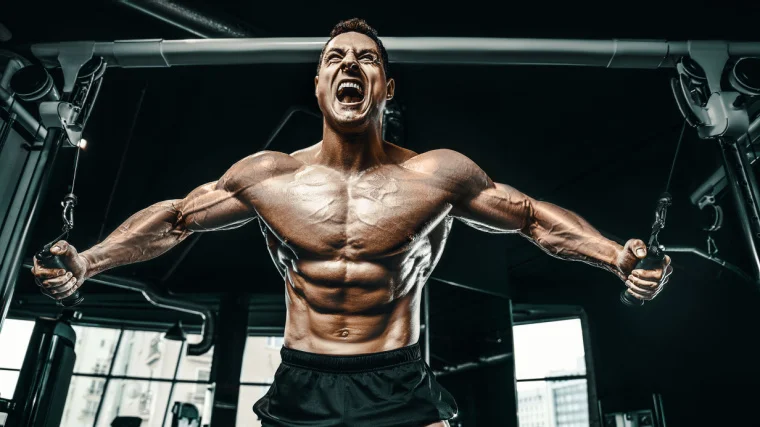 A muscular bodybuilder working out in the gym.