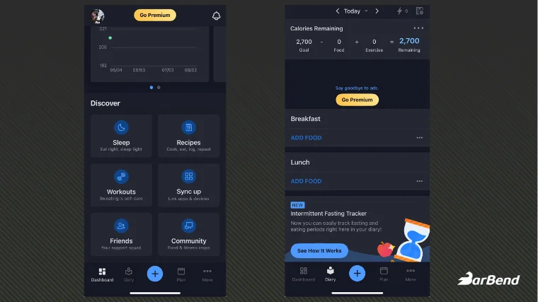 MyFitnessPal app interface screenshots