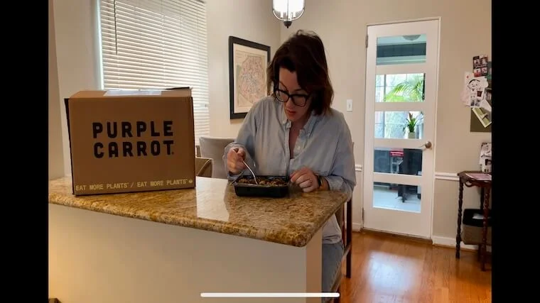 Our tester enjoying a serving of Purple Carrot meal delivery services