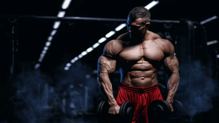 A bodybuilder holding dumbbells.