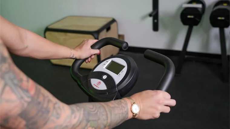 The front LCD display console featured on the Marcy Foldable Upright Exercise Bike