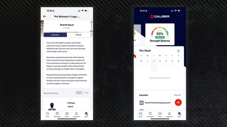 caliber-app-review-3 Two screenshots of the Caliber Fitness App on a black background