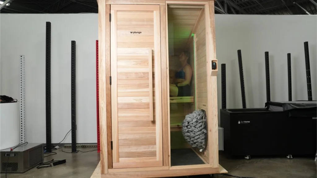 plunge sauna full view from front window door closed sitting in sauna