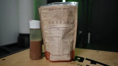 kachava vegan protein chocolate back of bag and mixed shake
