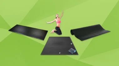 An image with a stylized green background shows a woman jumping for joy while surrounded by 3 of the Best Home Treadmill Mats.
