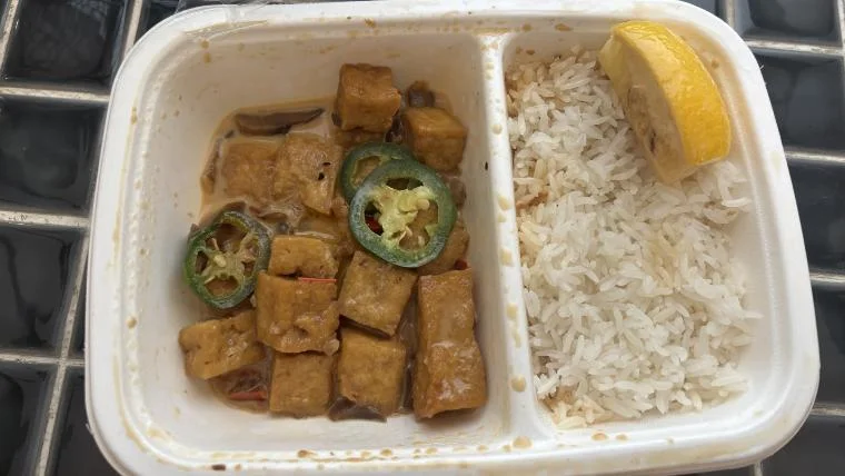 A tofu meal from CookUnity still in its meal tray