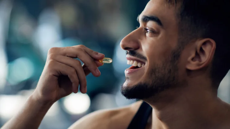 A person smiling while holding a pill close to their mouth about to take it