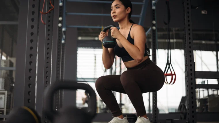 A person doing the goblet squat. 