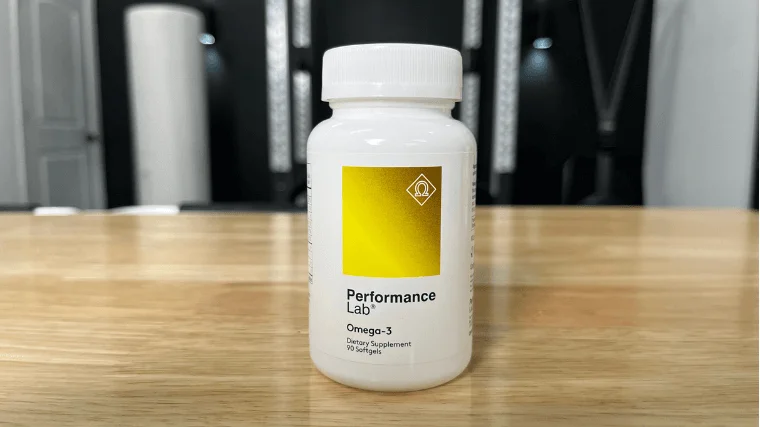 An unopened container of Performance Lab Omega-3