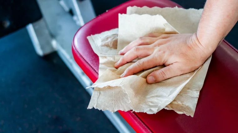 Hand wiping down weight bench in gym