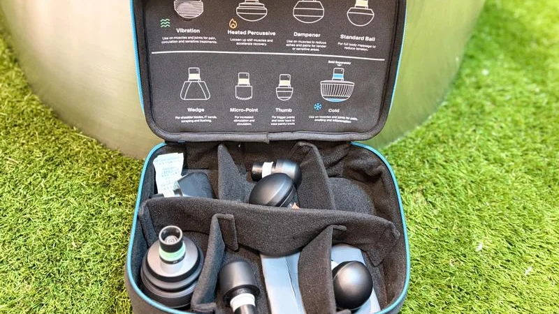 Attachments inside the carrying case for the Therabody Theragun Pro Massage Gun