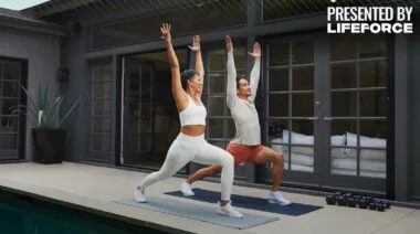 Two older people exercising.