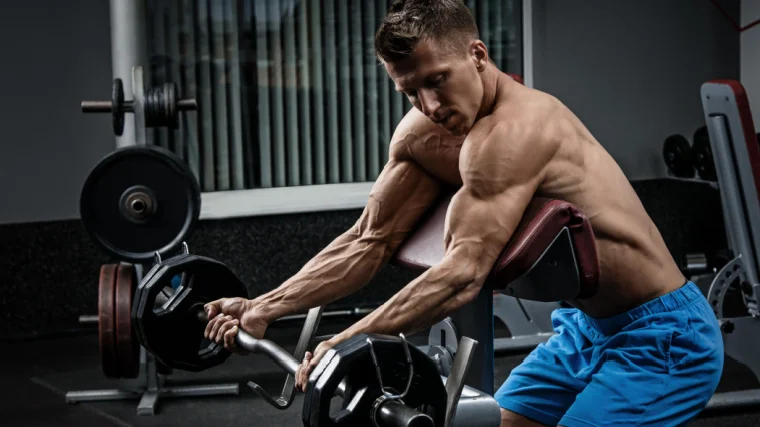 A person performing the barbell curl exercise in the gym.