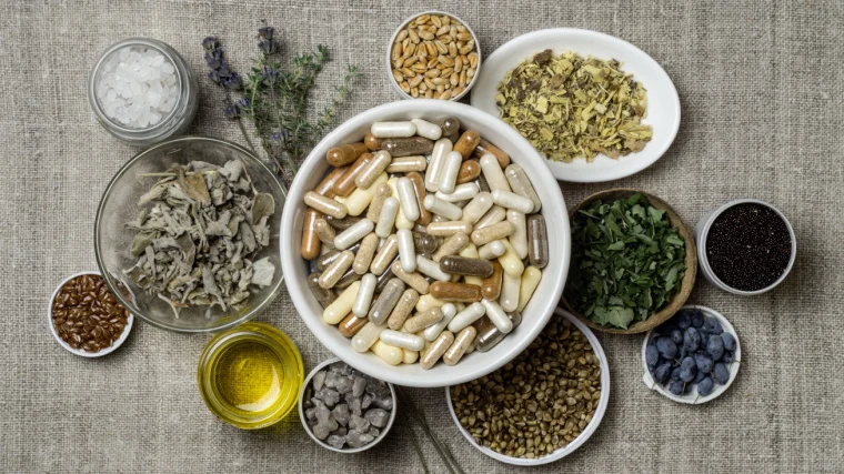 A bowl of supplements surrounded by smaller bowls of spices, grains and fruits.