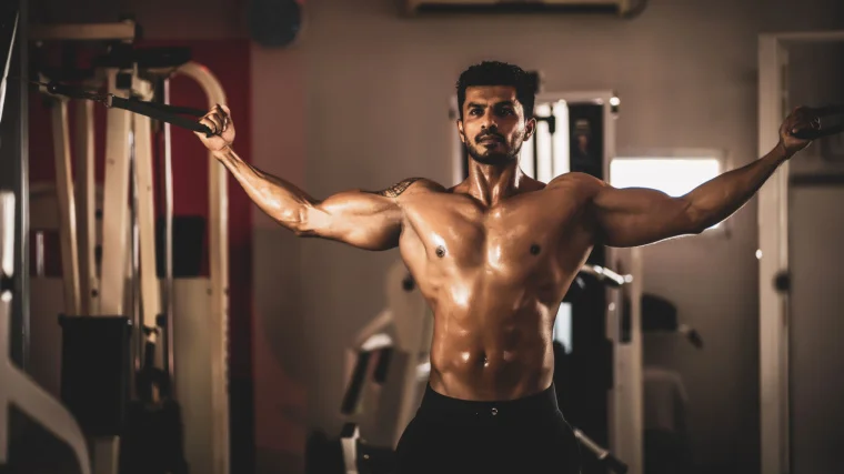 A shirtless athlete performs high-pulley biceps curls.