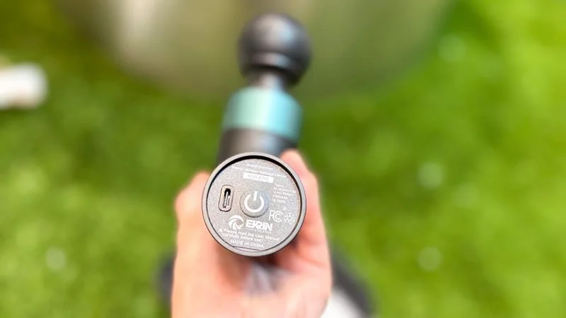 A close look at the charge port for the Ekrin Bantam massage gun