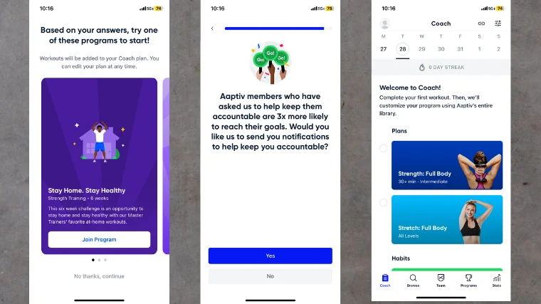 Screenshots from the Aaptiv app.