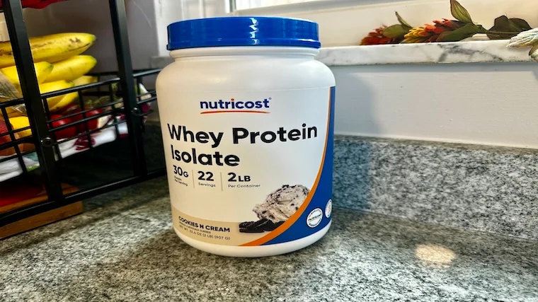A container of Nutricost Whey Protein Isolate