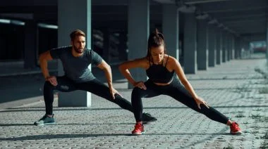 Two fit individuals stretching their legs outdoors.