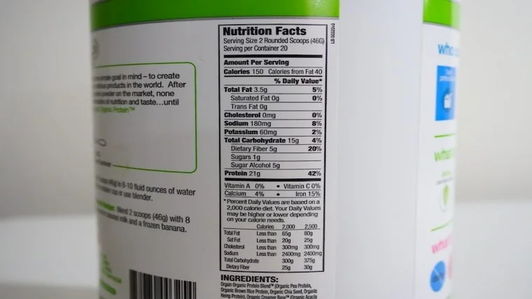 Nutrition Facts label on a container of Orgain Organic Plant Based Protein Powder