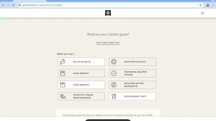 Screenshot of the Goals Quiz for Gainful Protein Powder Screenshot of the Goals Quiz for Gainful Protein Powder